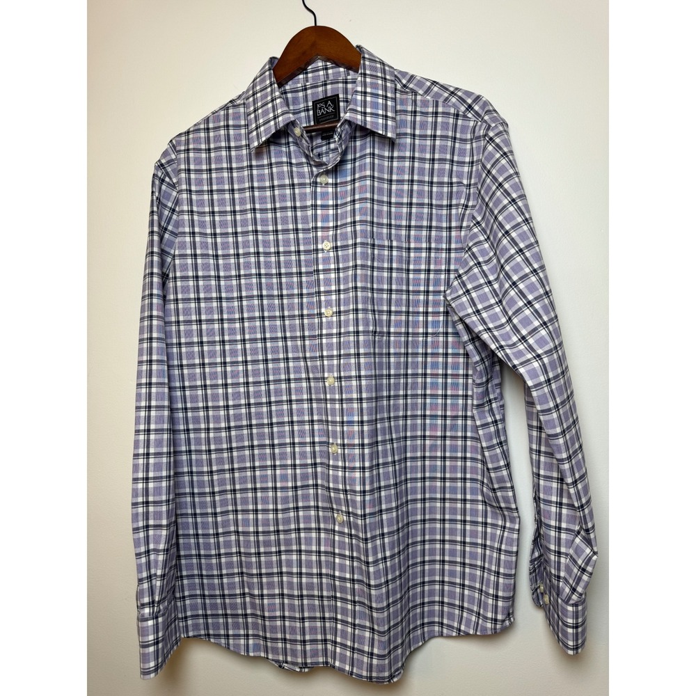 Jos A Bank Traveler Tailored Fit Dress Shirt Mens Large Purple‎ Plaid Cotton L/S